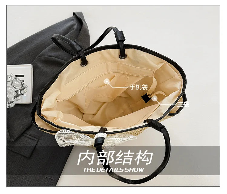 2025 Spring Woven Bucket Bag for Women Minimalist Niche Shoulder Bag Spacious Straw Tote Casual Bohemian Handbag