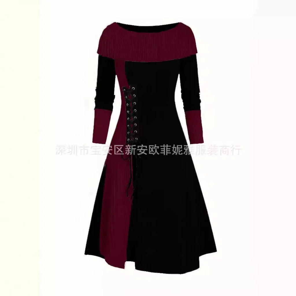 Fall Winter Women Dresses Elegant Temperament Colorblocked Dress