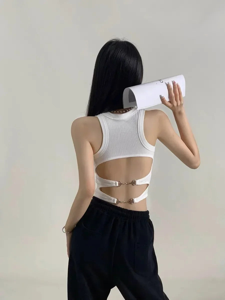 Women Sports Tank Sexy Backless Tops with Bra Pad Casual Crop Tops