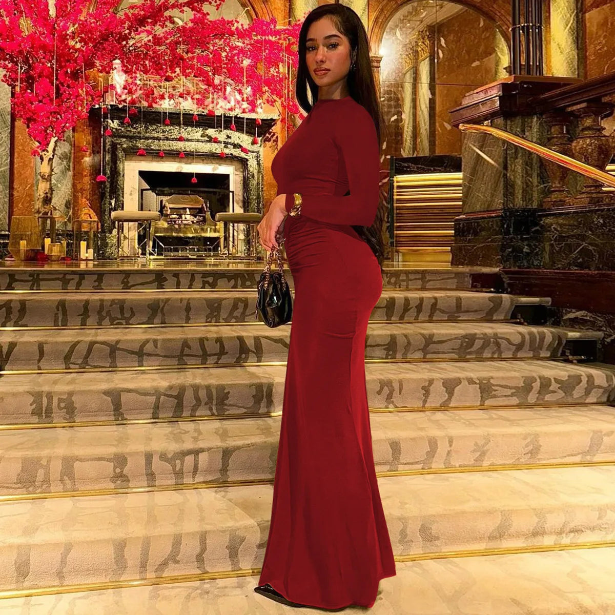 Sexy Wrap Buttocks Dresses Women O Neck Dress Long Sleeve Sheath Slim Fit Solid Spliced Pullover Folds Floor Length 2025