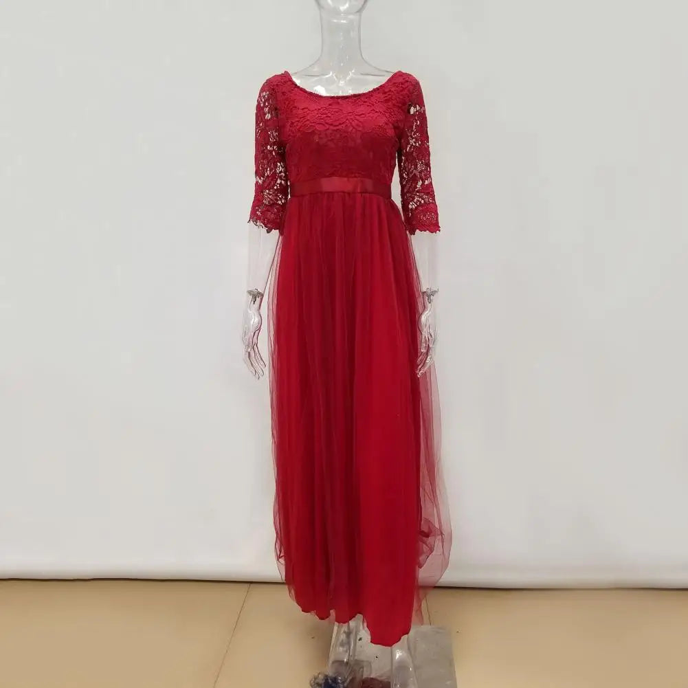 Women Maxi Dress Lace Flower Embroidery Pleated Floor Length Women