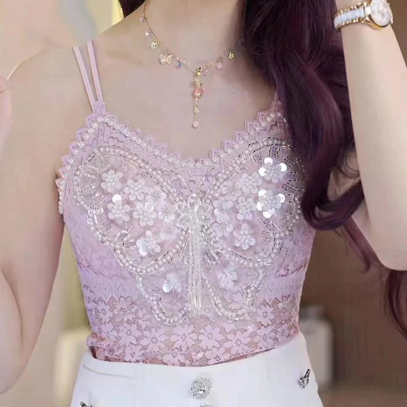 Women Clothing Heavy Beading Floral Tank Sexy Crop Tops