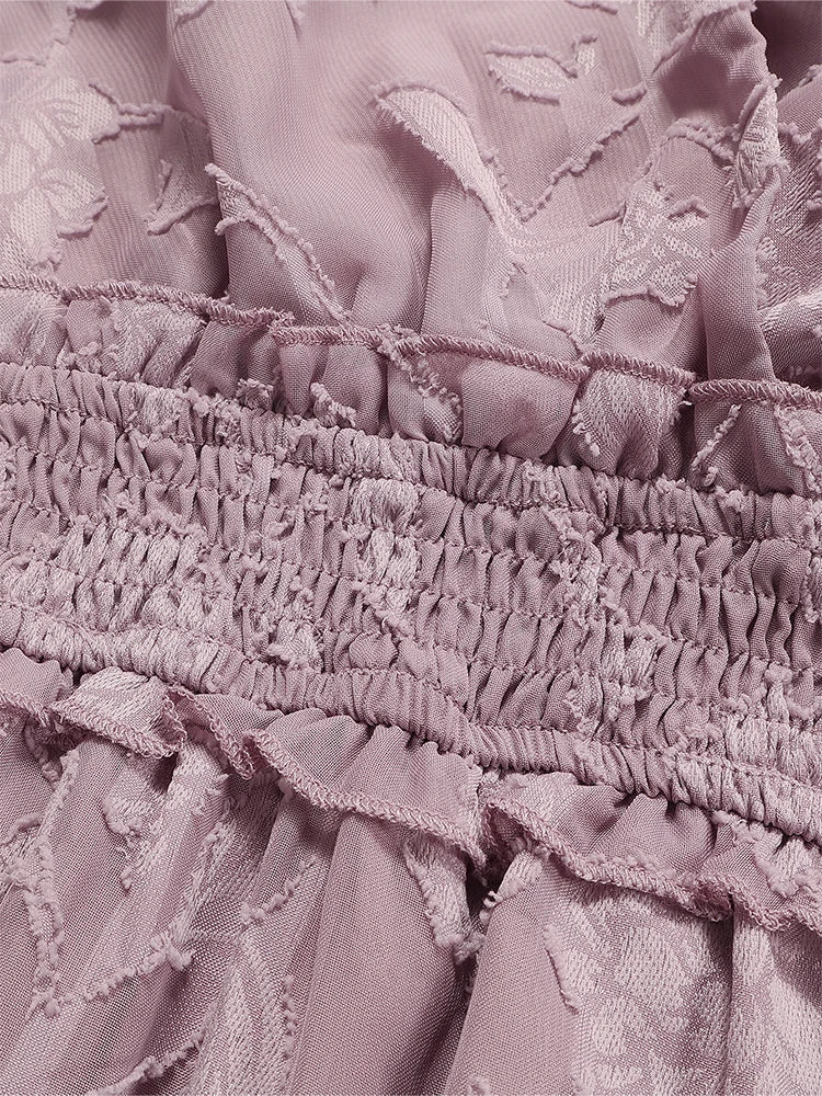 Maxi Dress Casual Summer V Neck Puff Sleeve High Waist Lace Up Dress