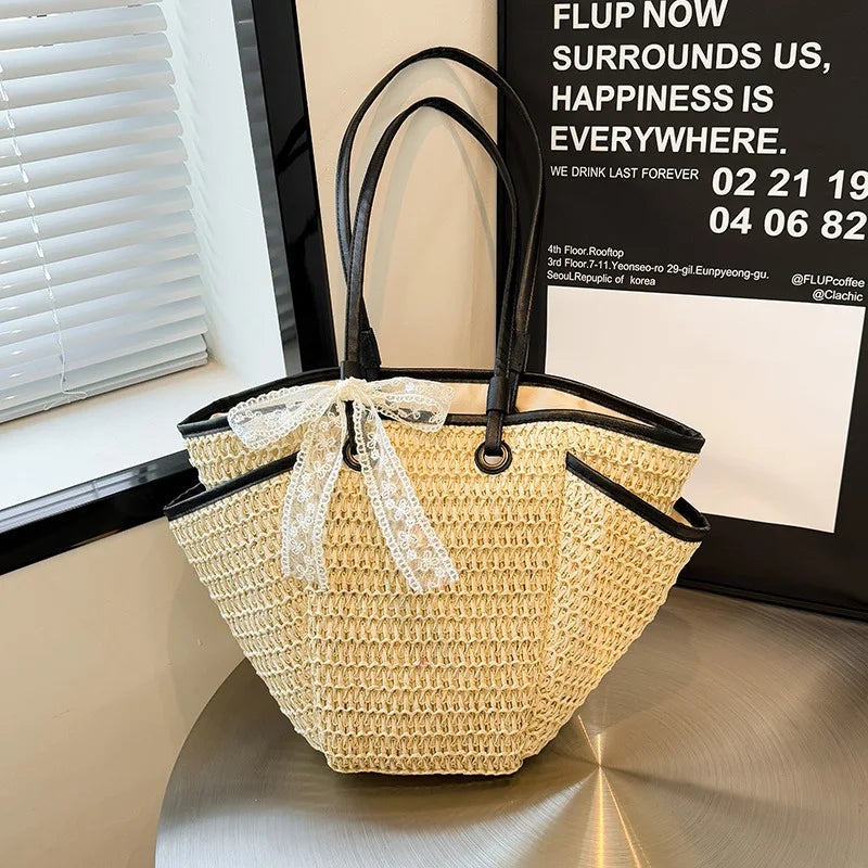 2025 Spring Woven Bucket Bag for Women Minimalist Niche Shoulder Bag Spacious Straw Tote Casual Bohemian Handbag