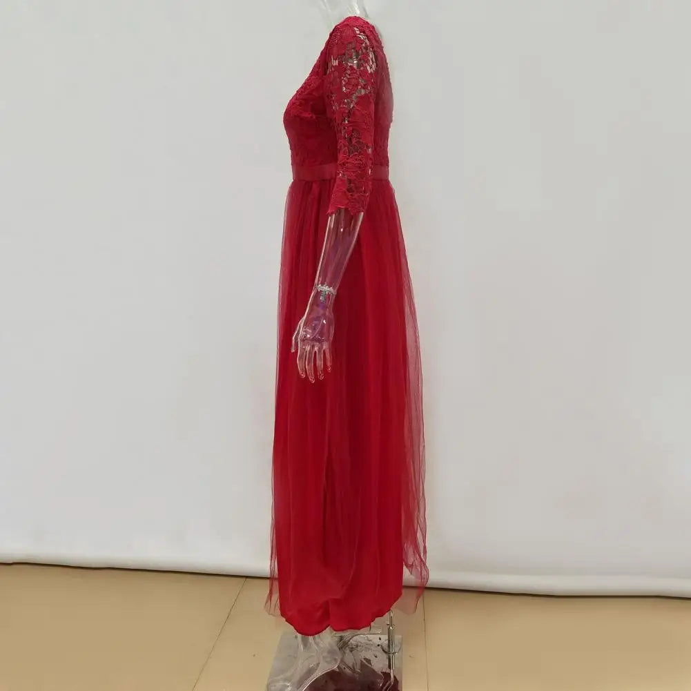 Women Maxi Dress Lace Flower Embroidery Pleated Floor Length Women