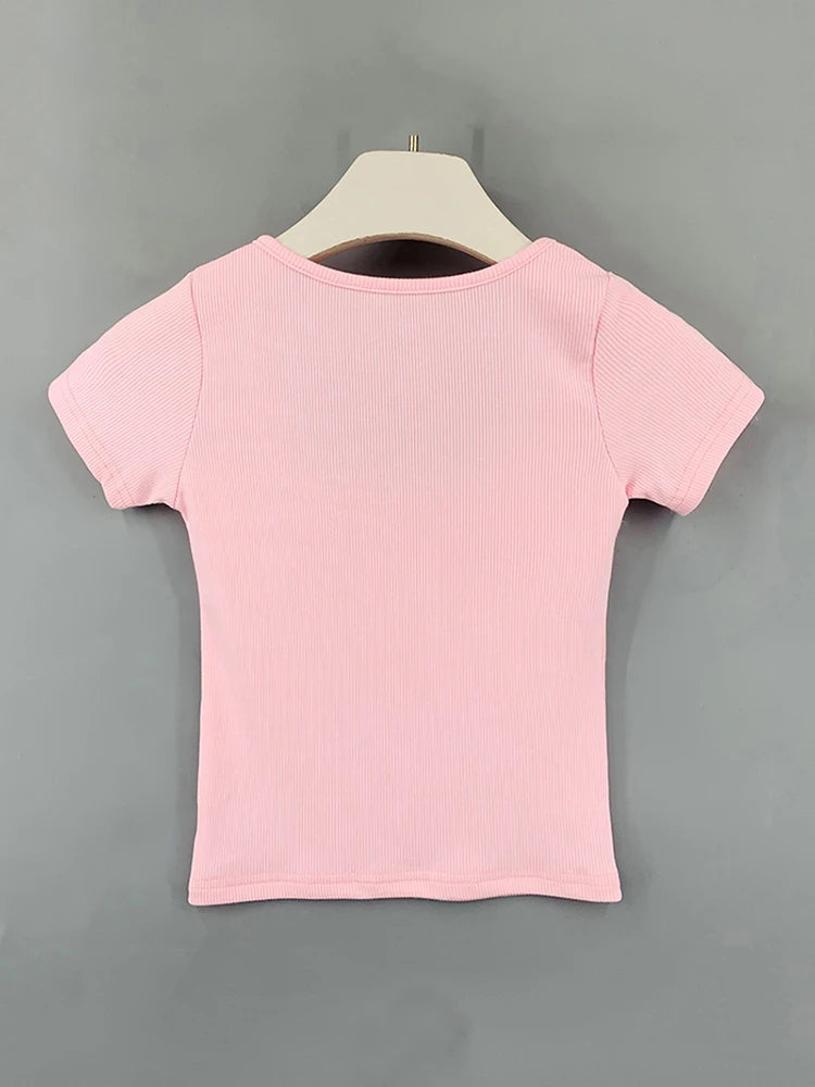 Crop Tops Cotton Basic T Shirts Women Solid Square Collar Half Sleeve Female Tops Summer 2025 New Casual Slim Fit Ladies Tees