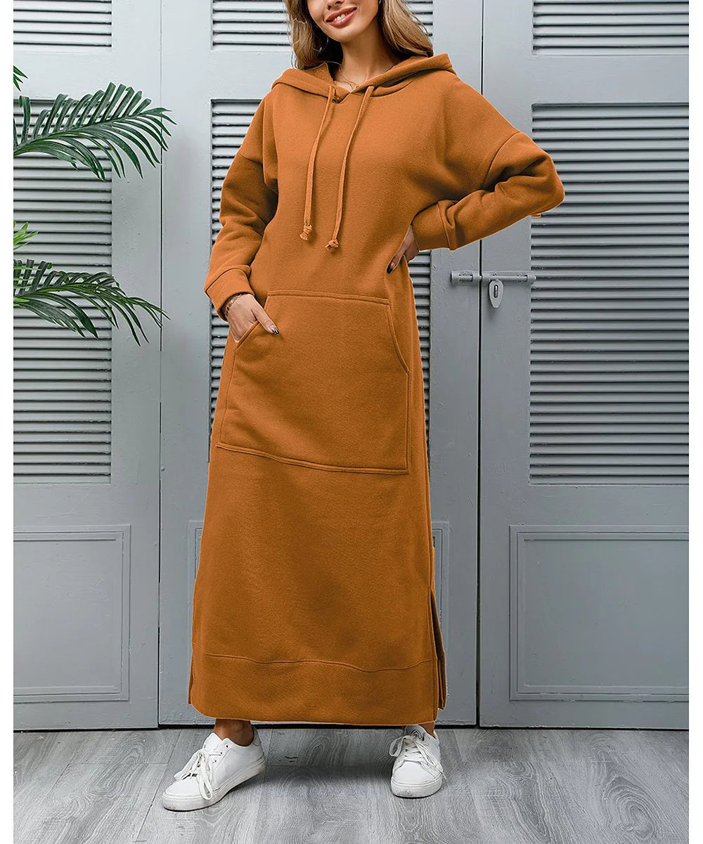 Women Dresses Autumn Winter hoodies Hooded Big Pocket Sweaters Dress