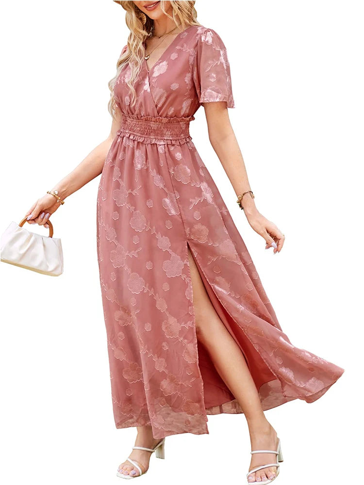 Maxi Dress Casual Summer V Neck Puff Sleeve High Waist Lace Up Dress