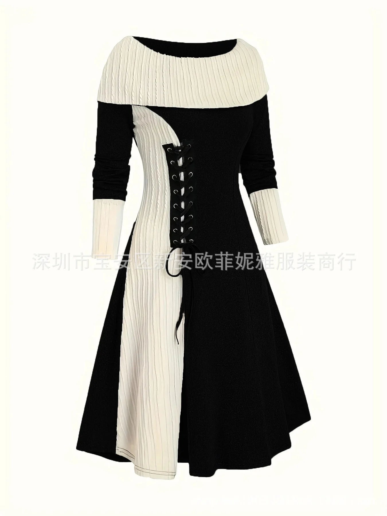 Fall Winter Women Dresses Elegant Temperament Colorblocked Dress