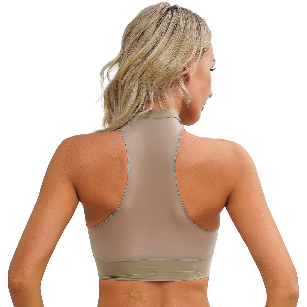 Womens Glossy Crop Tops Mock Neck Sleeveless Sheer See-Through Slim Fit Vest Tops