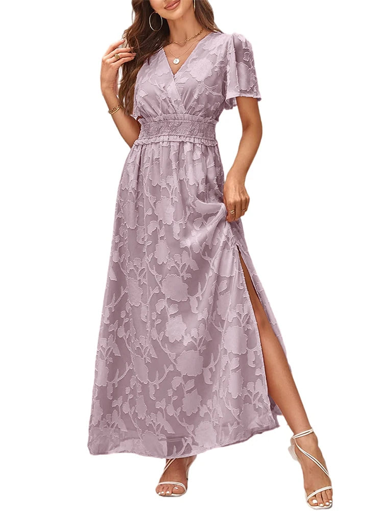 Maxi Dress Casual Summer V Neck Puff Sleeve High Waist Lace Up Dress