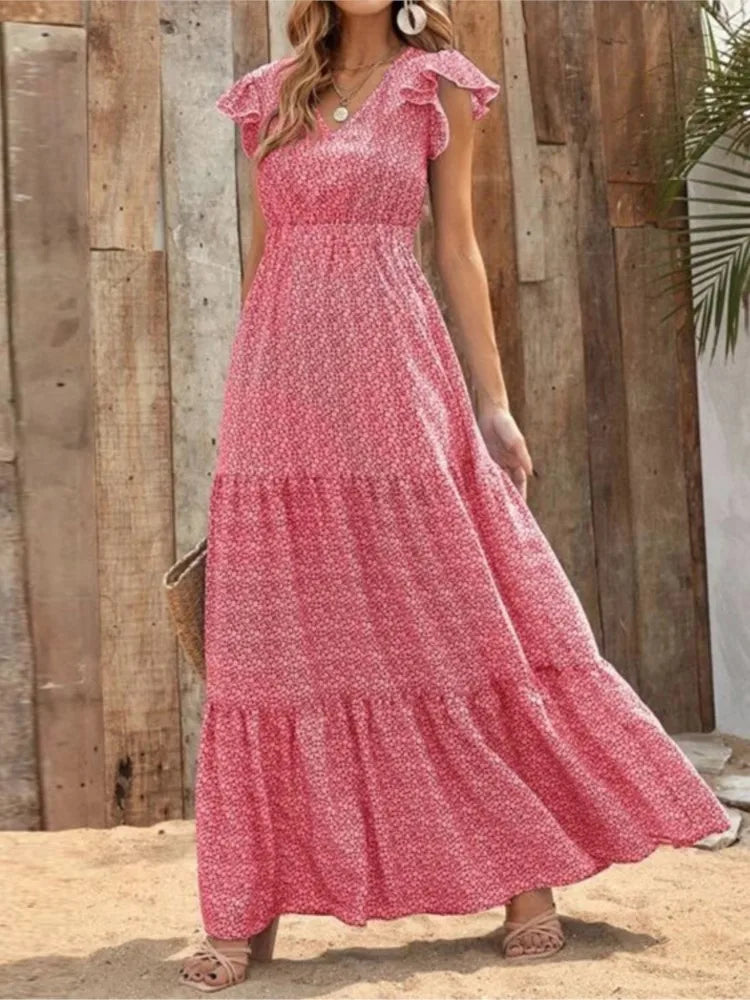 Casual V Neck Print Dress For Women Fashion Boho Holiday Beach Dresses