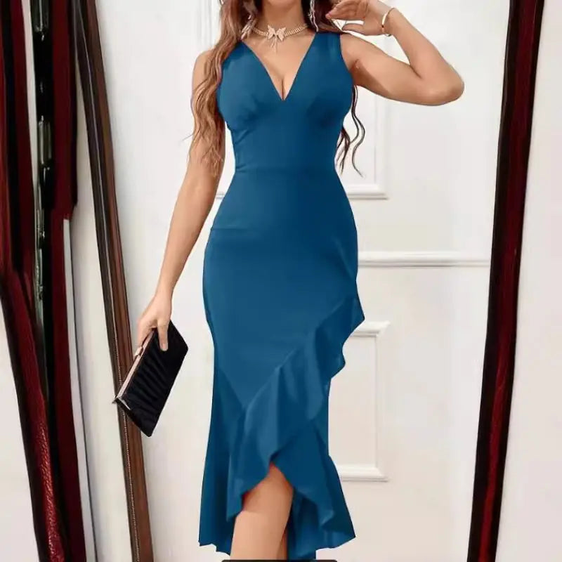 buttocks swallow tail skirt v-neck slit ruffle wrap dress