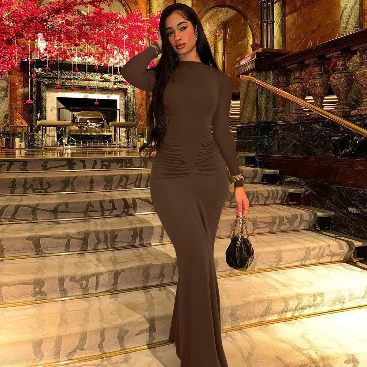 Sexy Wrap Buttocks Dresses Women O Neck Dress Long Sleeve Sheath Slim Fit Solid Spliced Pullover Folds Floor Length 2025