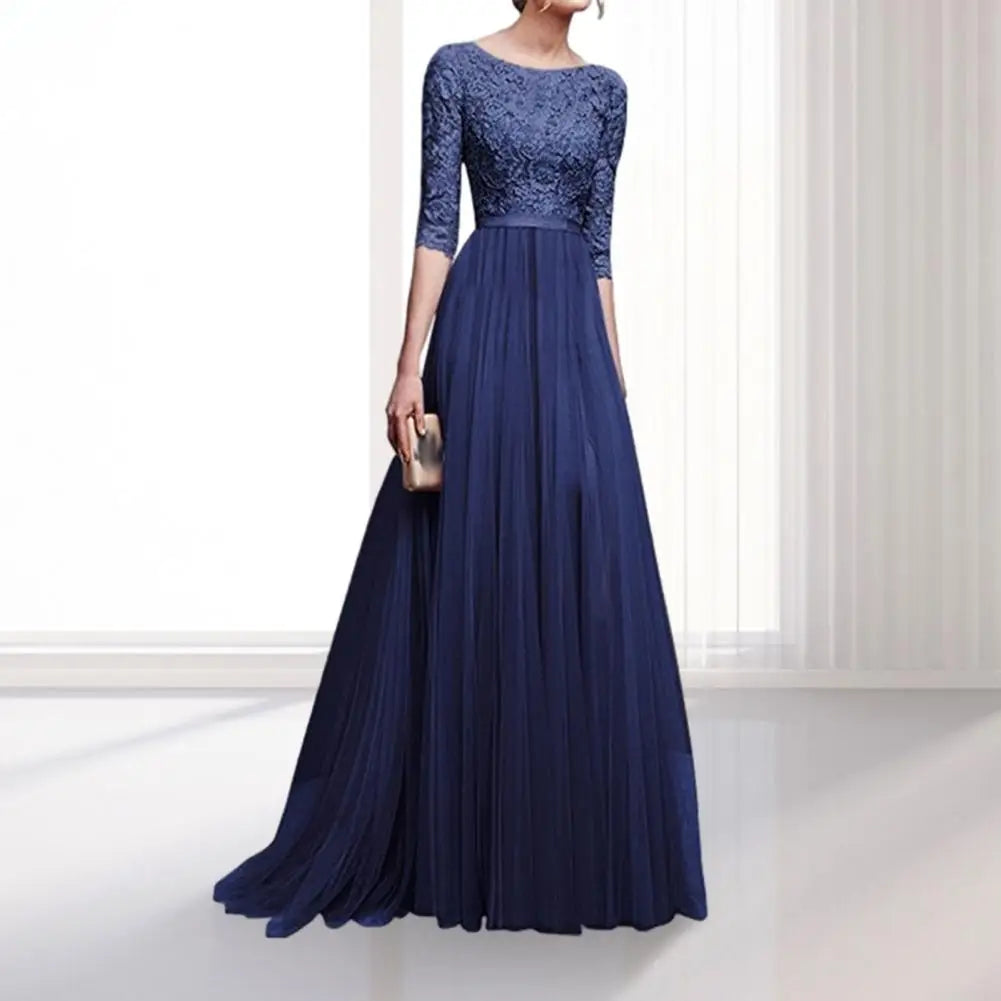 Women Maxi Dress Lace Flower Embroidery Pleated Floor Length Women
