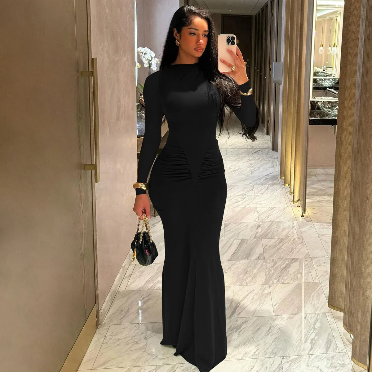 Sexy Wrap Buttocks Dresses Women O Neck Dress Long Sleeve Sheath Slim Fit Solid Spliced Pullover Folds Floor Length 2025