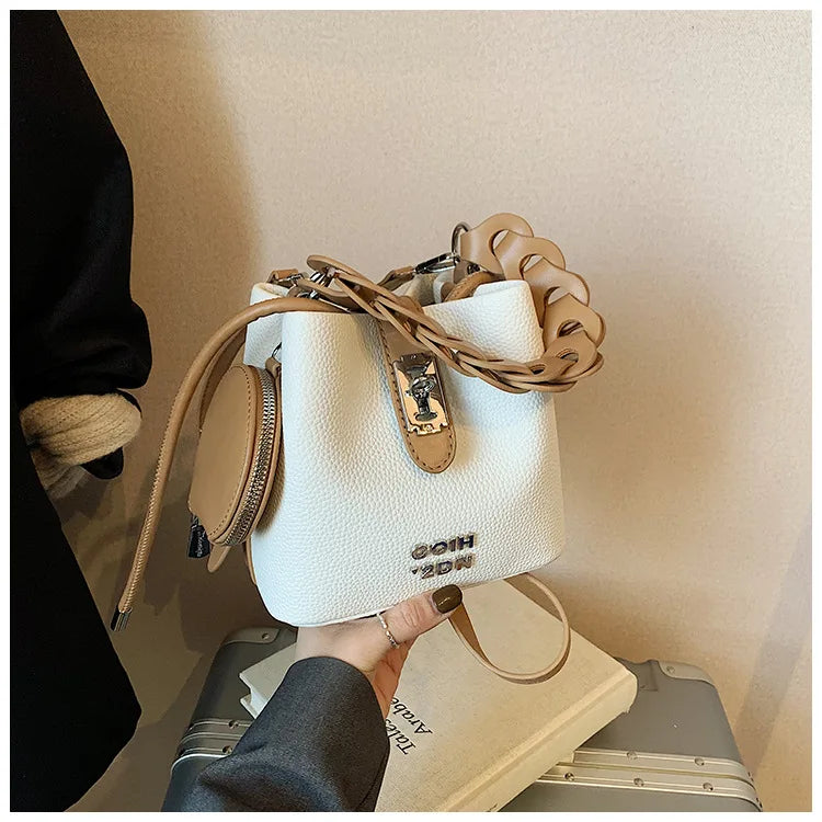 Handheld Bucket Bag For Women 2025 New Retro Pu Leather Patchwork Shoulder Bags Trend Versatile Commuting Mini Crossbody Pack