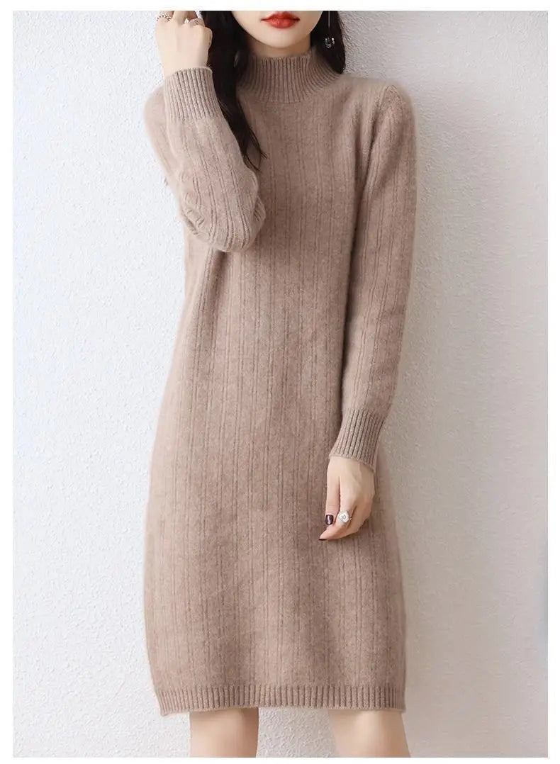 Winter New Dresses Women Solid Half High Collar Temperamen Fashion