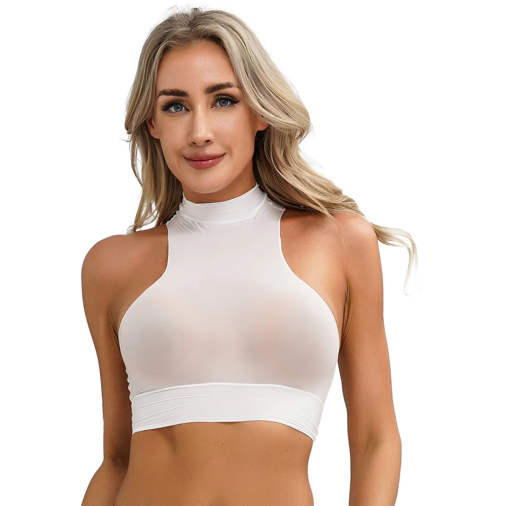 Womens Glossy Crop Tops Mock Neck Sleeveless Sheer See-Through Slim Fit Vest Tops