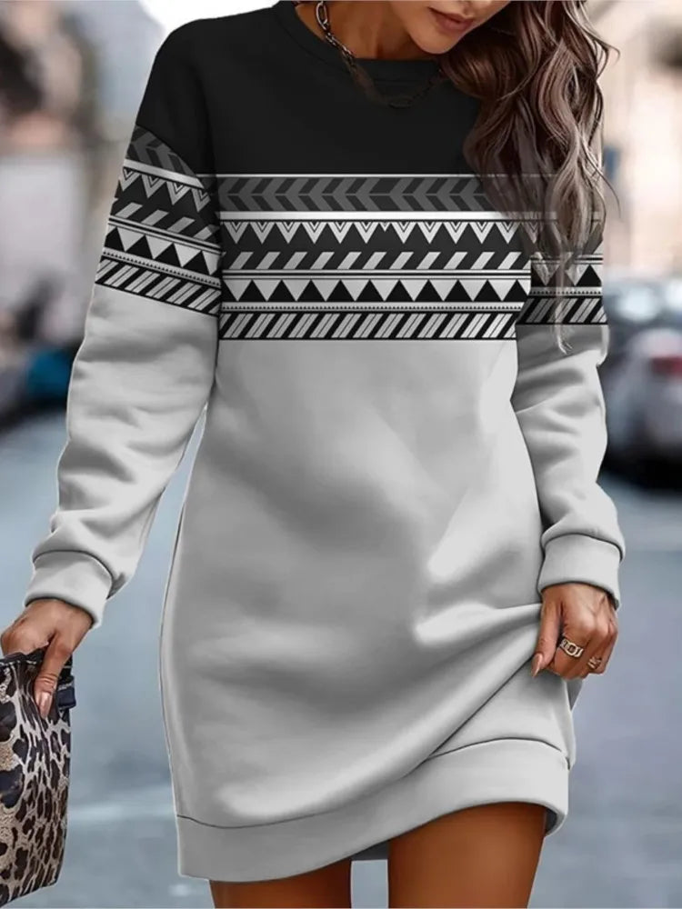 Autumn Winter Sweatshirt Dresses For Women Fashion Print O Neck Long Sleeve Dress