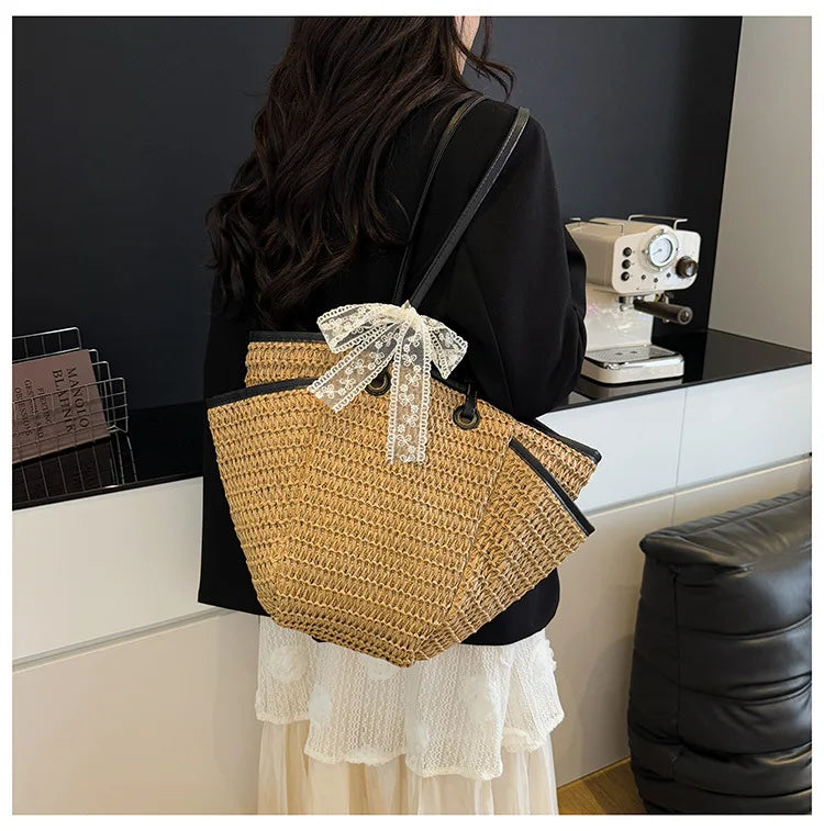 2025 Spring Woven Bucket Bag for Women Minimalist Niche Shoulder Bag Spacious Straw Tote Casual Bohemian Handbag