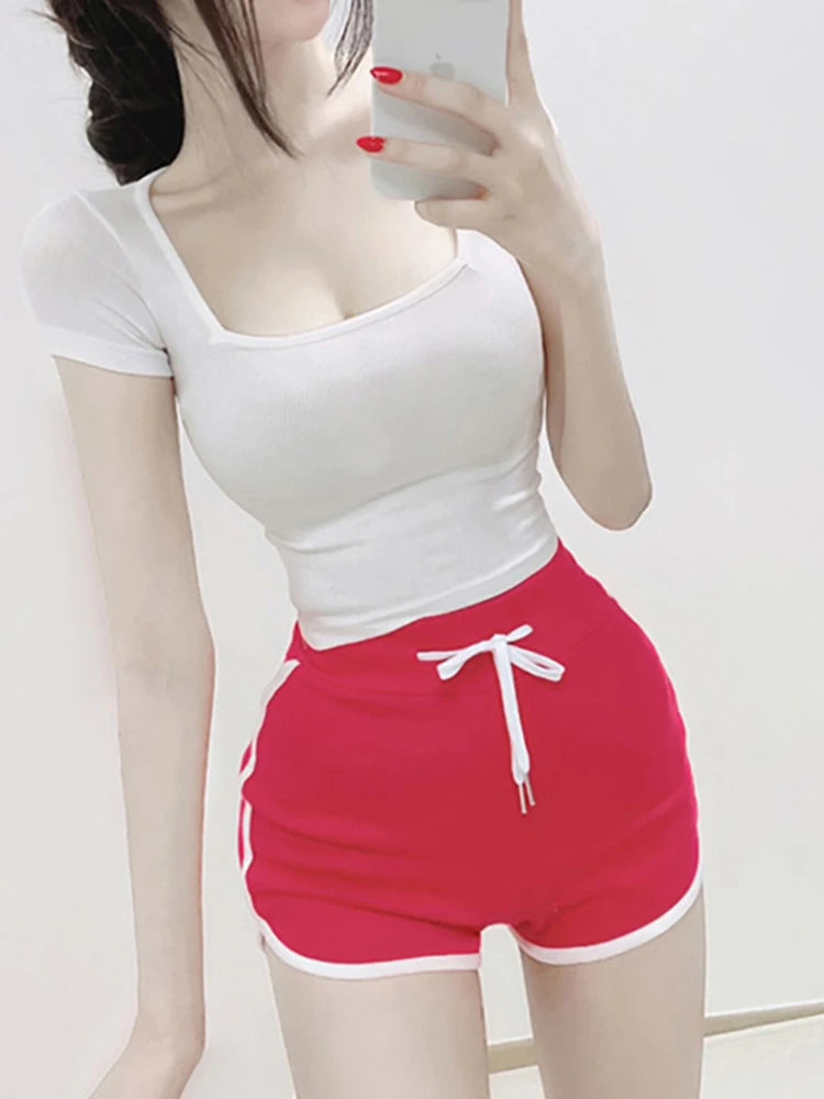 Crop Tops Cotton Basic T Shirts Women Solid Square Collar Half Sleeve Female Tops Summer 2025 New Casual Slim Fit Ladies Tees