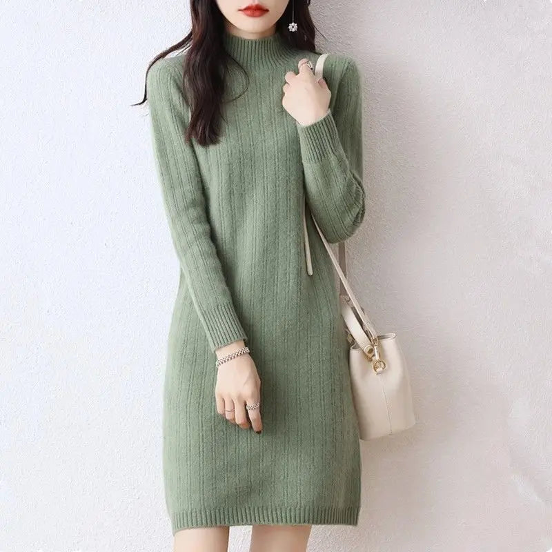 Winter New Dresses Women Solid Half High Collar Temperamen Fashion