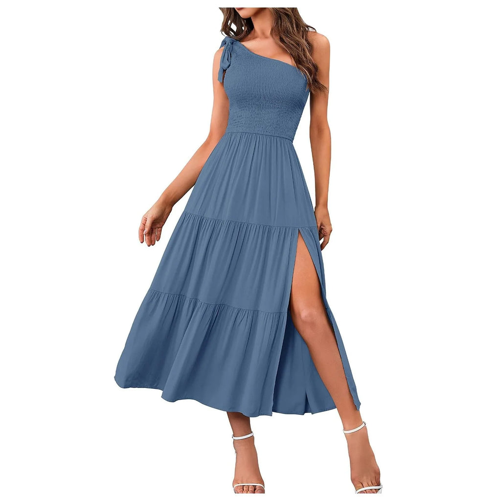 Women'S Summer Casual One Shoulder Sleeveless Smocked Elastic Dress