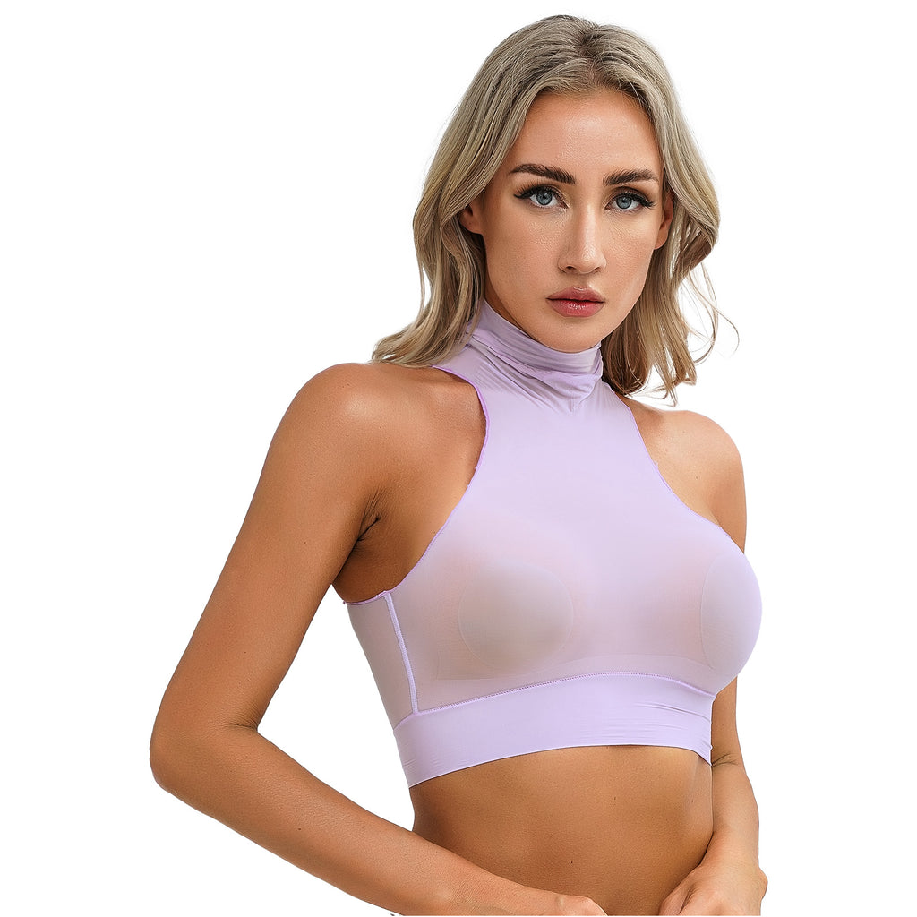 Womens Glossy Crop Tops Mock Neck Sleeveless Sheer See-Through Slim Fit Vest Tops