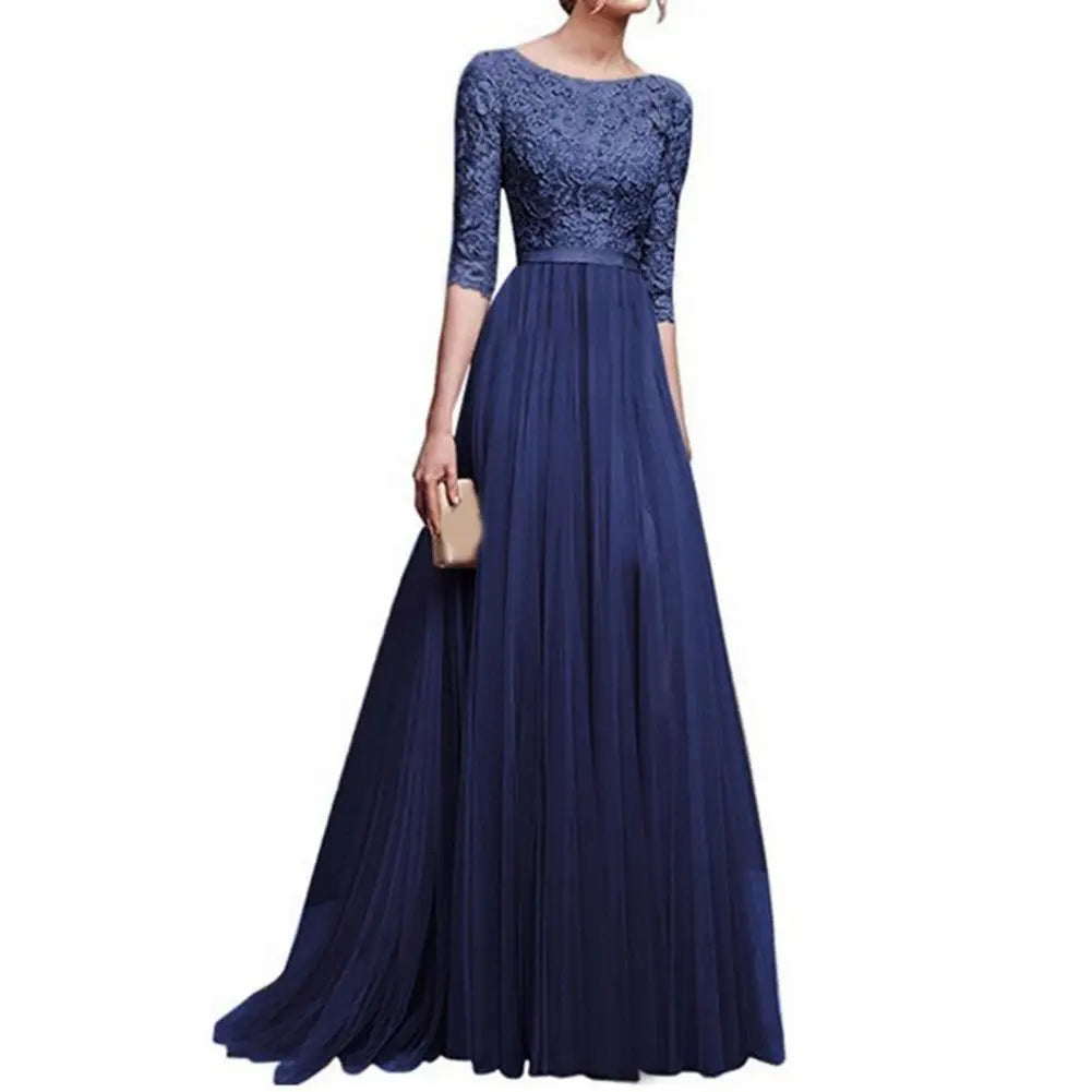 Women Maxi Dress Lace Flower Embroidery Pleated Floor Length Women