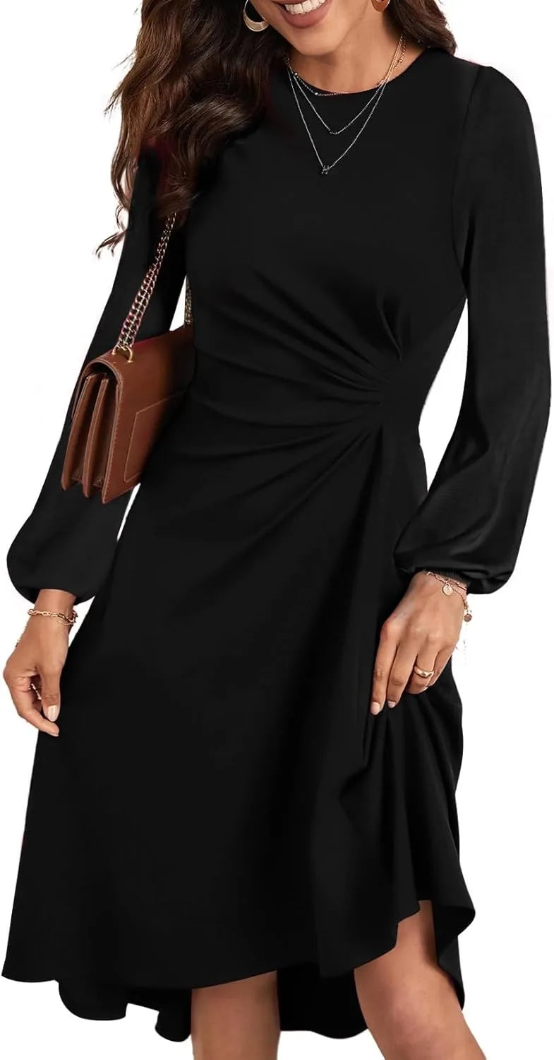 sleeved Black Maxi Dress with Ruched Waist Detail