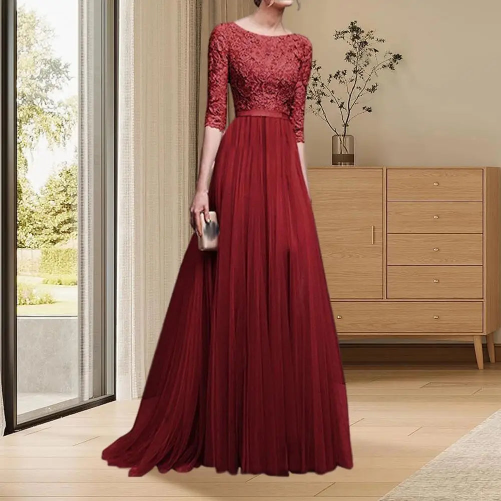 Women Maxi Dress Lace Flower Embroidery Pleated Floor Length Women
