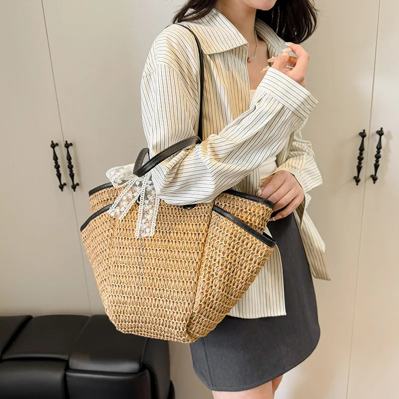2025 Spring Woven Bucket Bag for Women Minimalist Niche Shoulder Bag Spacious Straw Tote Casual Bohemian Handbag