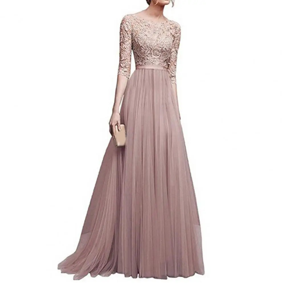 Women Maxi Dress Lace Flower Embroidery Pleated Floor Length Women