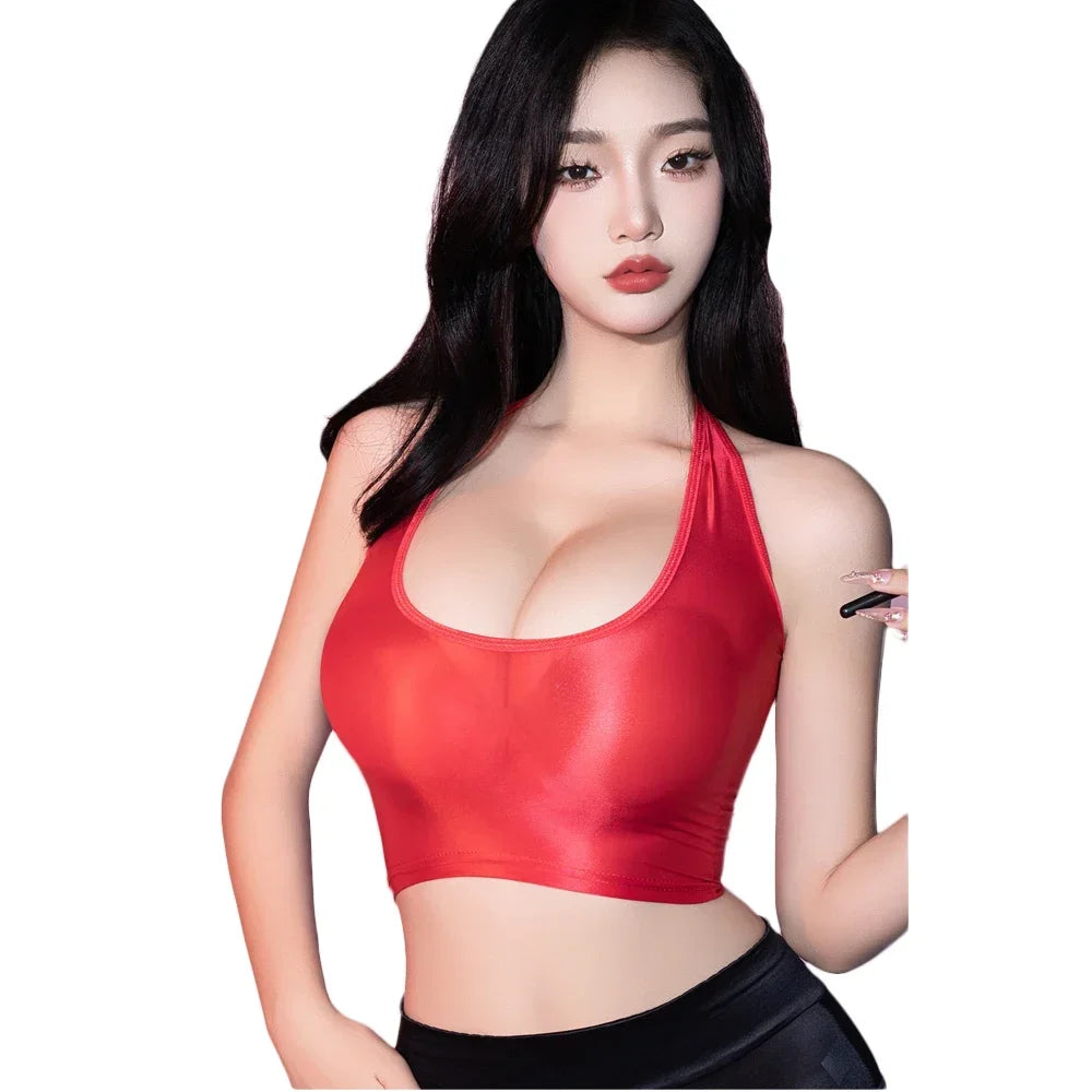 Fashion Women's Halter Tank Tops Sexy Oil Shiny Elastic Vest Shaper Wear Woman Clothing