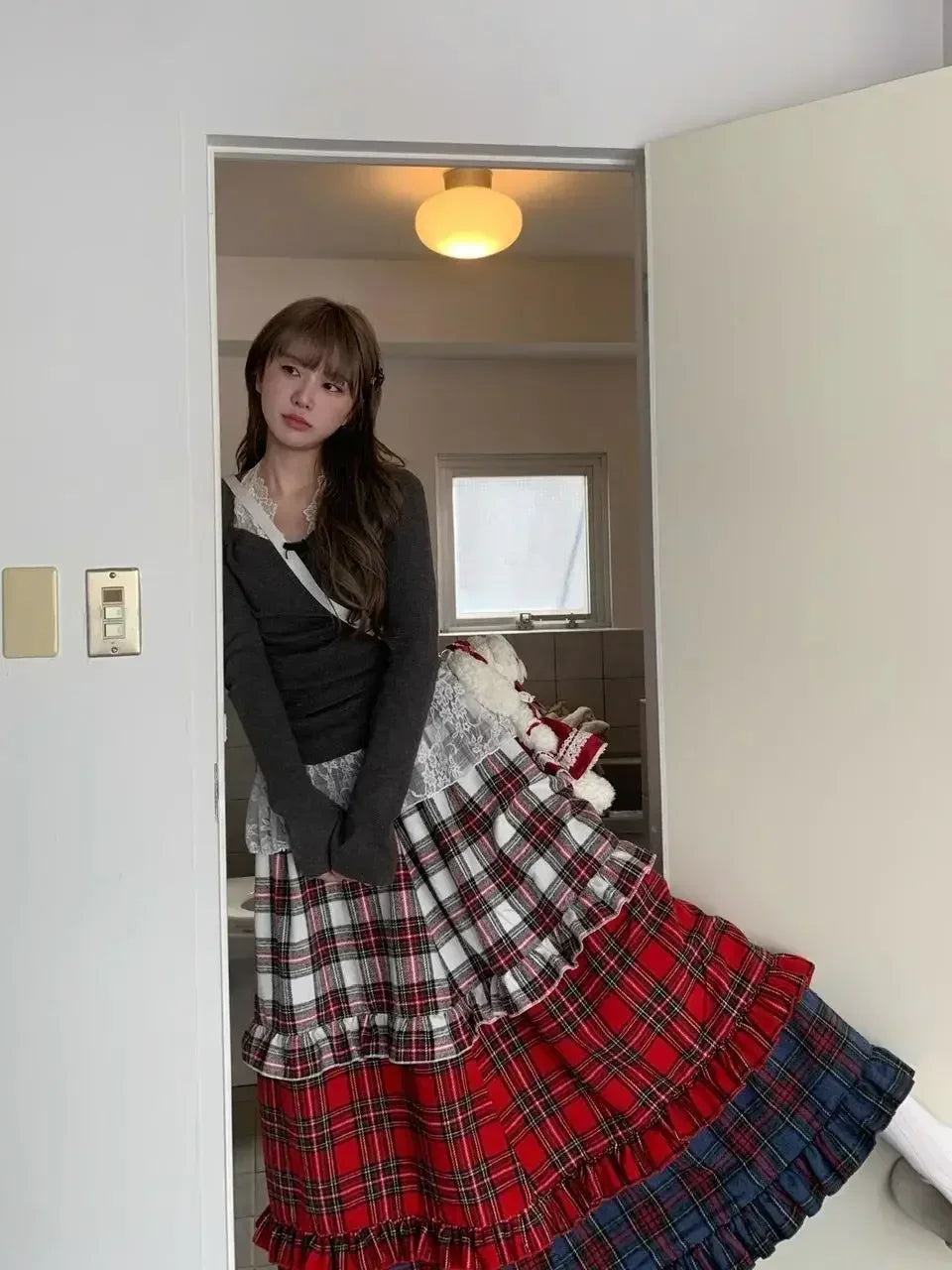 Winter Dresses Christmas Long Skirt Spliced Lace Contrast Colors Fashion