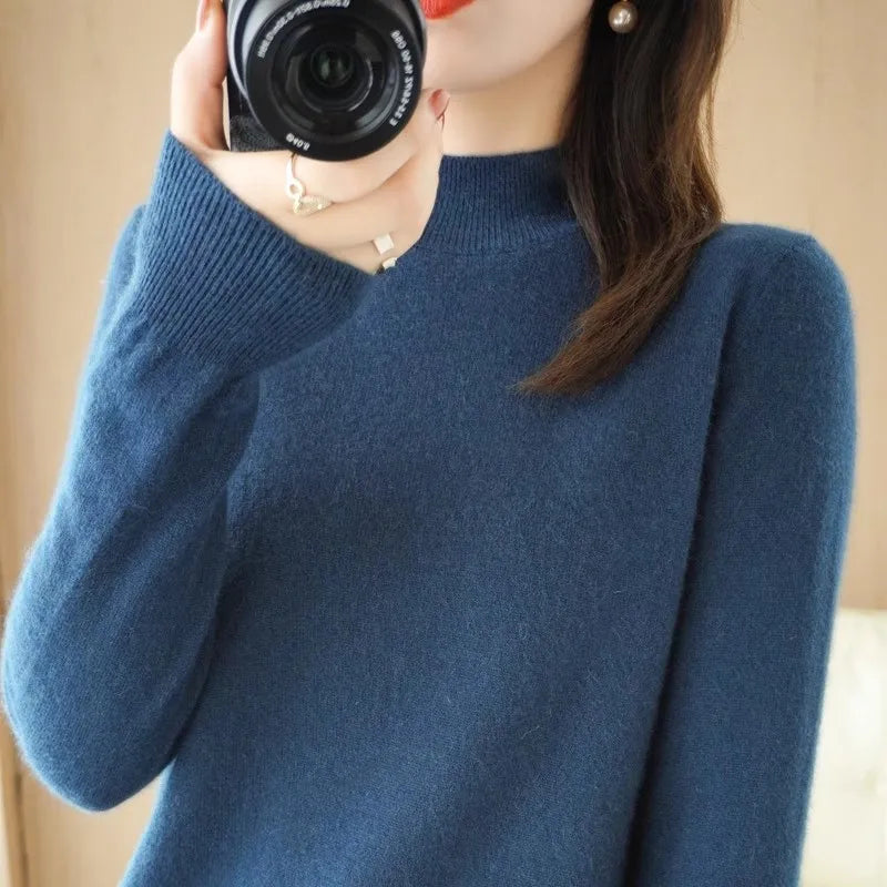 Winter Women Sweater Fashion Warm Bottoming Shirts Half High Collar Long Sleeve Pullovers
