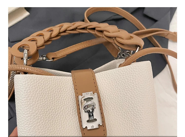 Handheld Bucket Bag For Women 2025 New Retro Pu Leather Patchwork Shoulder Bags Trend Versatile Commuting Mini Crossbody Pack