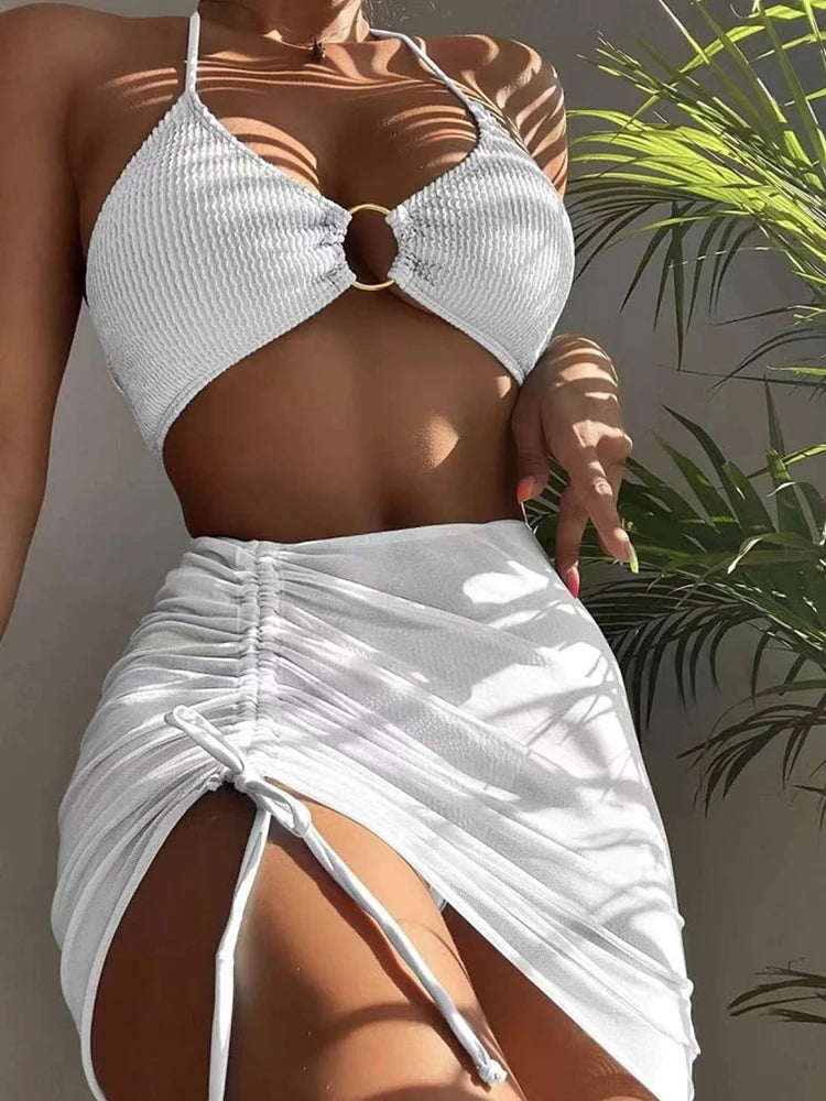 Sexy Solid Bikini Low Waist Three Pieces Swimsuit Women Bikini