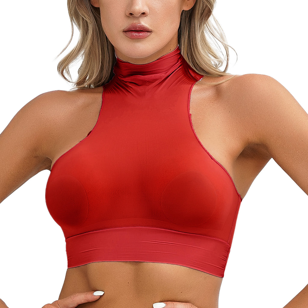 Womens Glossy Crop Tops Mock Neck Sleeveless Sheer See-Through Slim Fit Vest Tops