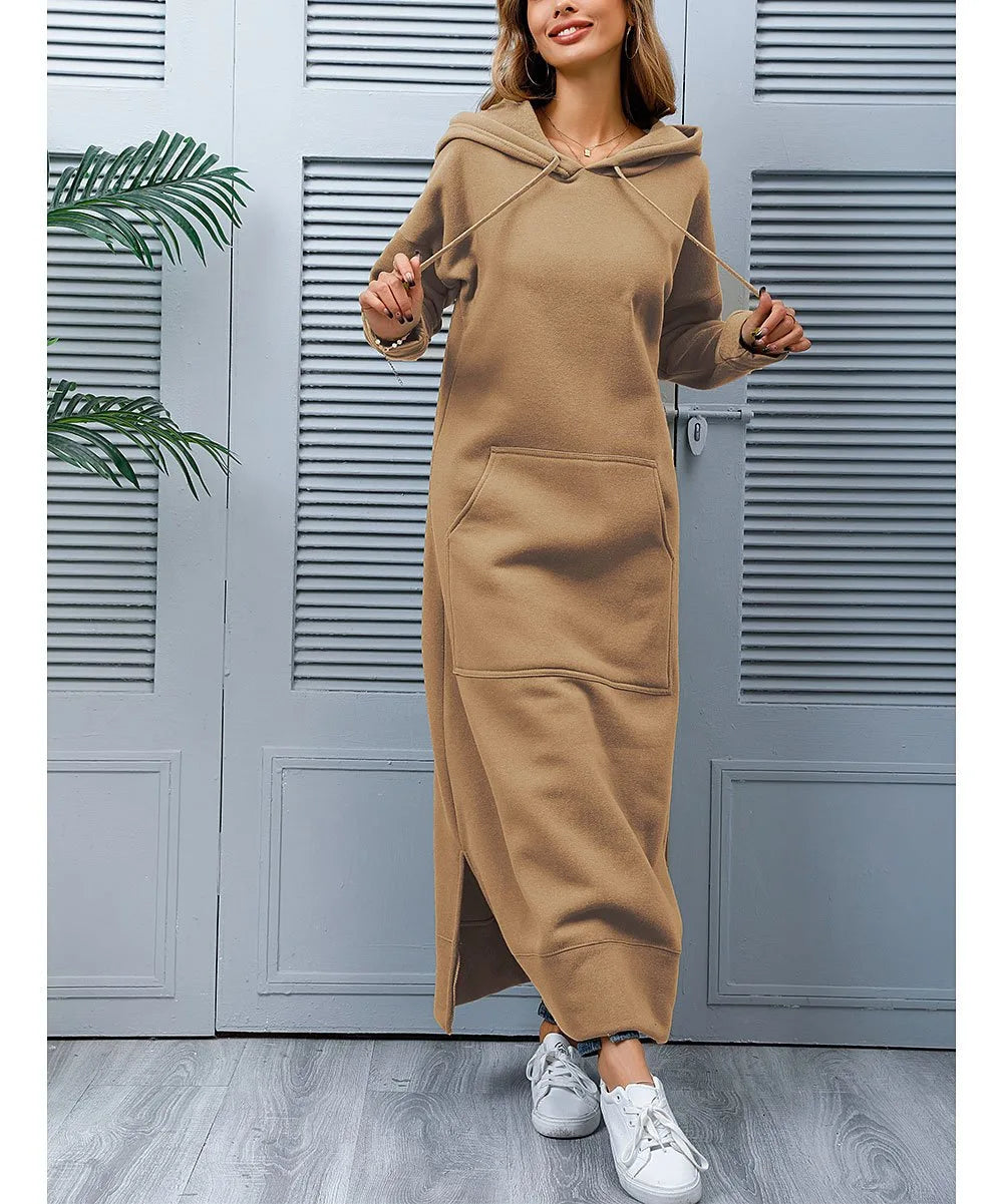 Women Dresses Autumn Winter hoodies Hooded Big Pocket Sweaters Dress