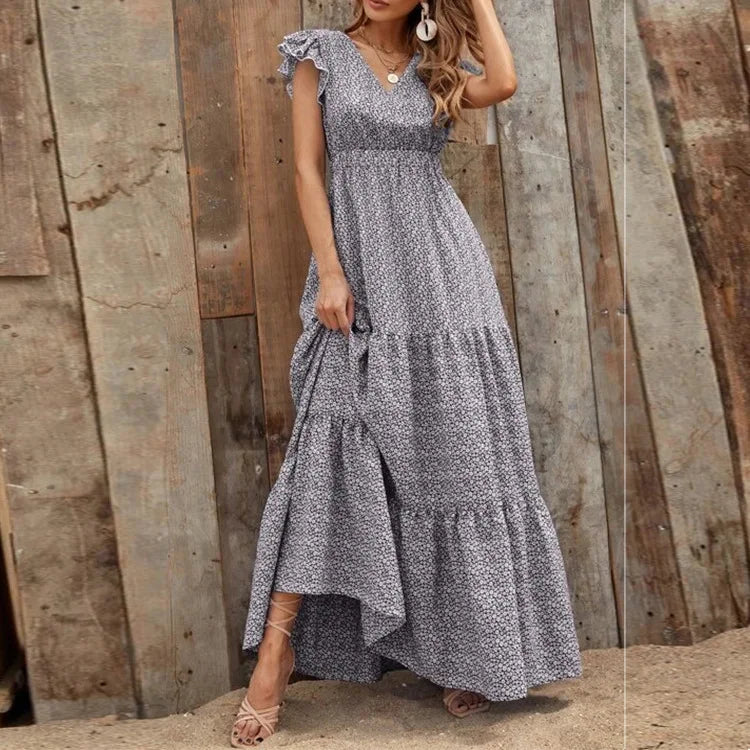 Casual V Neck Print Dress For Women Fashion Boho Holiday Beach Dresses