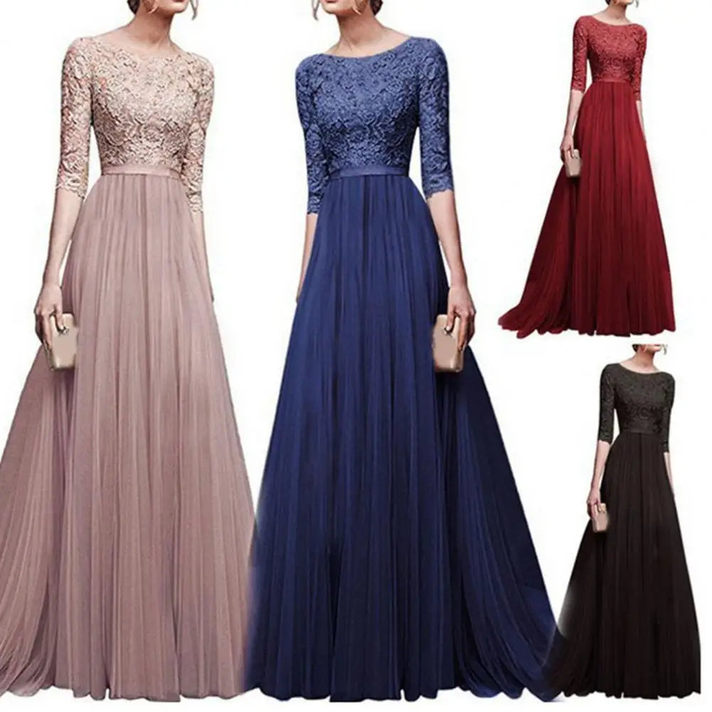 Women Maxi Dress Lace Flower Embroidery Pleated Floor Length Women