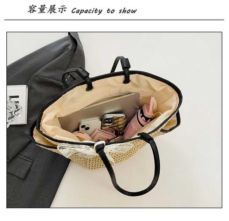 2025 Spring Woven Bucket Bag for Women Minimalist Niche Shoulder Bag Spacious Straw Tote Casual Bohemian Handbag