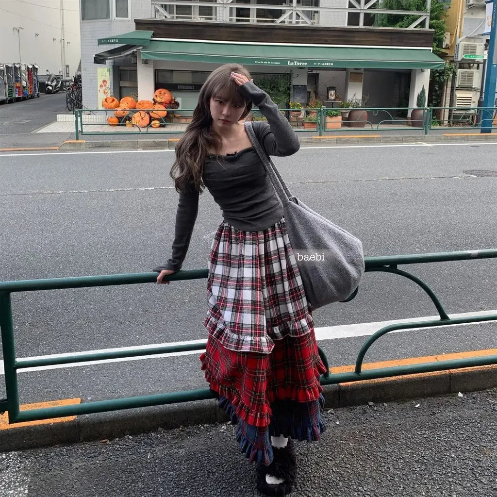 Winter Dresses Christmas Long Skirt Spliced Lace Contrast Colors Fashion