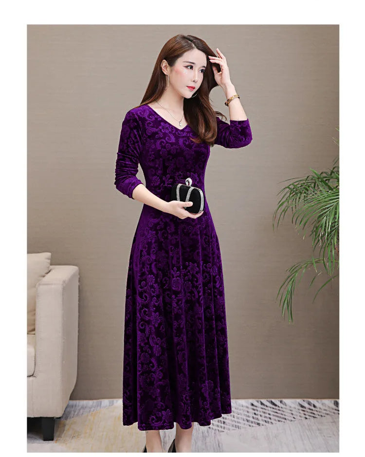 Elegant Velvet Dress Solid Long Sleeve Party Women Sexy V Neck Slim Fit Autumn Fashion Gothic Elbise Vestidos Mujer Femme Winter