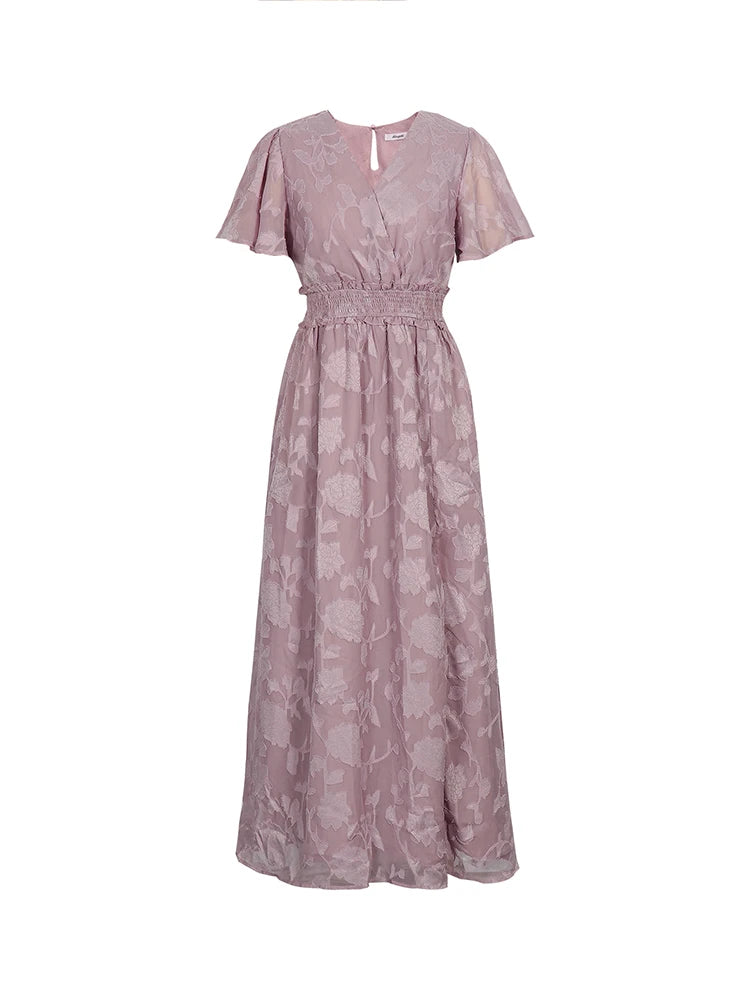 Maxi Dress Casual Summer V Neck Puff Sleeve High Waist Lace Up Dress