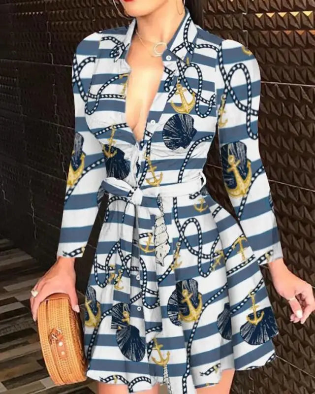 Casual Long Sleeved Dress With Buttons And Lapels, Elegant Suit With Print Dress