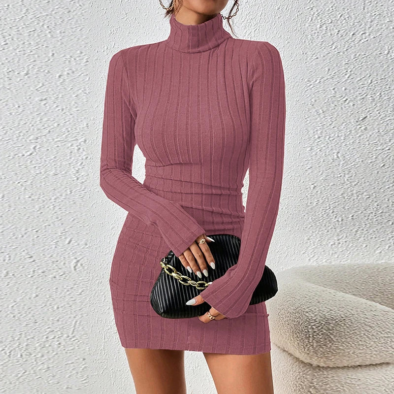 Women's Knitted Dress Autumn Winter New High Collar Temperament Solid Color Fashion