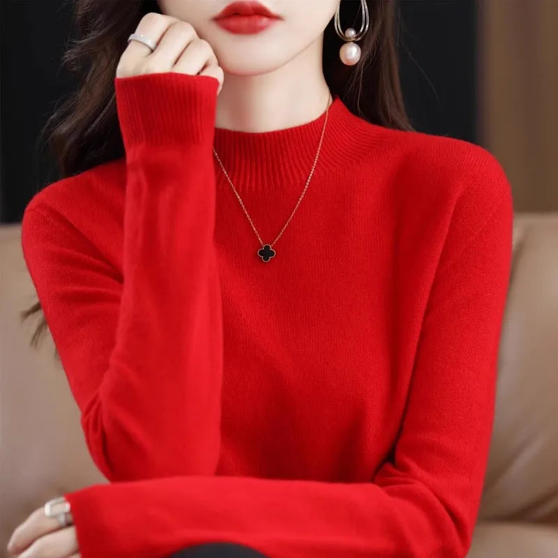 Winter Women Sweater Fashion Warm Bottoming Shirts Half High Collar Long Sleeve Pullovers